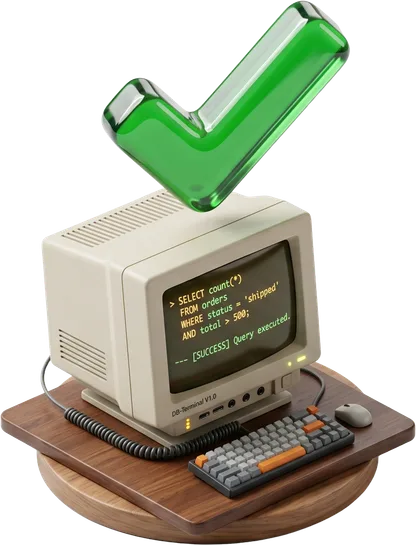 A retro terminal showing a SELECT query graded correct, the way SQLMaxx checks every query against a real database.