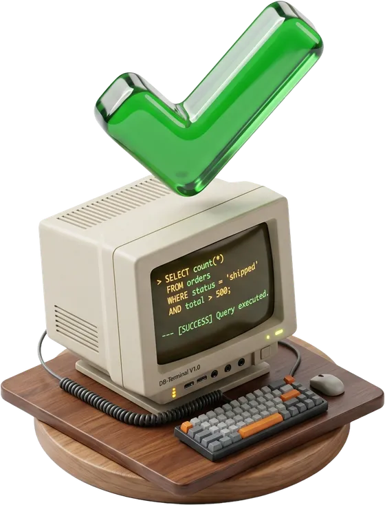 A retro computer showing a SQL query marked correct with a green checkmark.