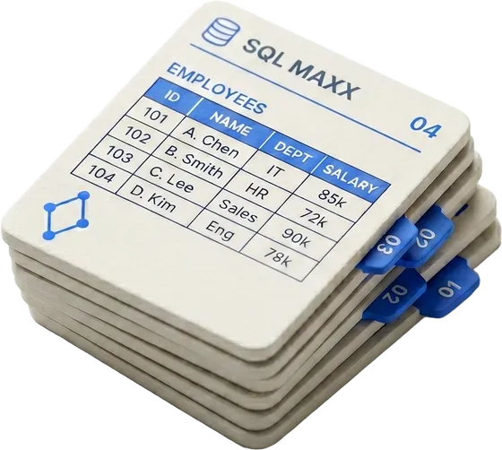 A stack of SQL practice problem cards, the top card showing an employees table.