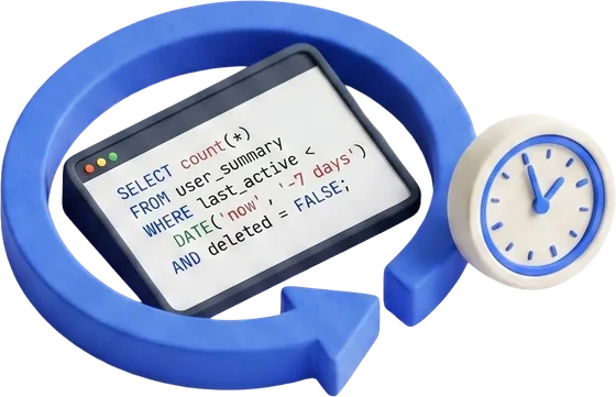 A SQL query editor circled by a blue return arrow with a clock, scheduled to come back for review.