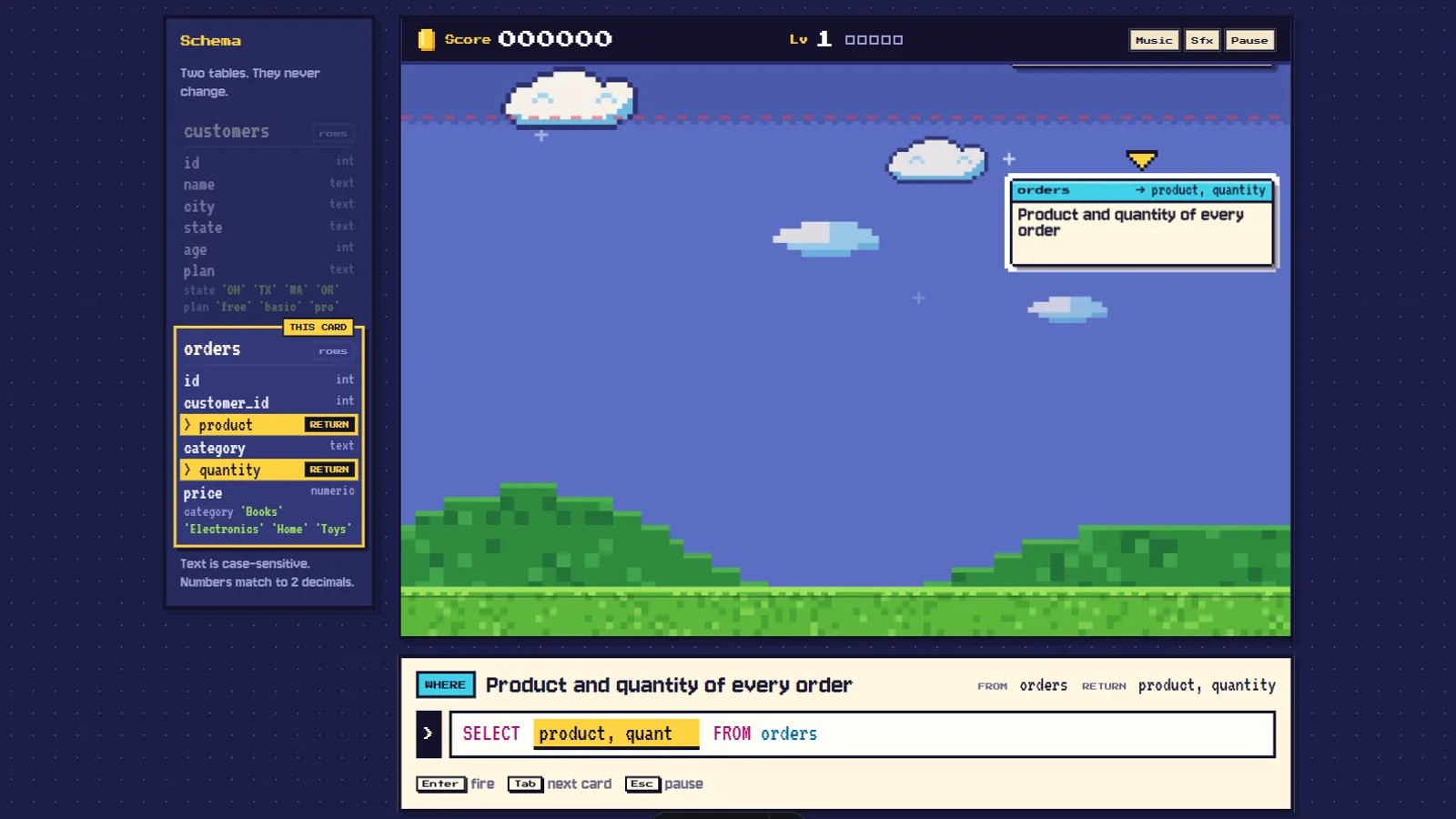 SQL Block Game in play: a query card falls into a pixel-art well, the schema panel marks the columns the card returns, and the player types the column list into the blank of a SELECT query.