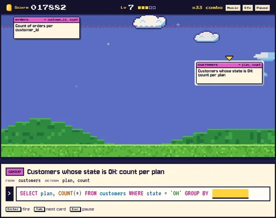 SQL Block Game at level 7 with a x33 combo: two query cards fall through a pixel-art sky while the player completes a GROUP BY query.