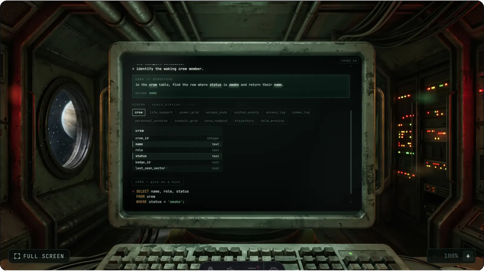 The Station Zero terminal: CORA's directive to find the awake crew member, the space_station schema, and a SELECT query being written against the crew table.